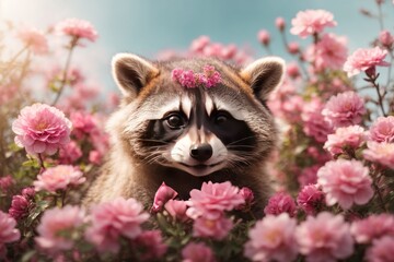 A cute a racoon baby in flowers. ai generative