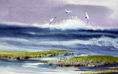 hand painted original impressionism colorful strokes art watercolor painting phuket thailand beach