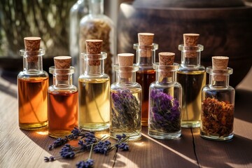 Small glass bottles of plant or flower essential oils on a wooden table with dried flax flowers and lavender strands. Generative AI