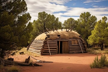 Traditional Navajo dwelling surrounded by trees. Generative AI - obrazy, fototapety, plakaty
