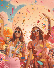 Generative ai young women friends partying with colorful confetti