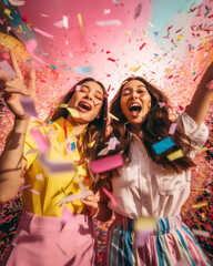 Generative ai young women friends partying with colorful confetti