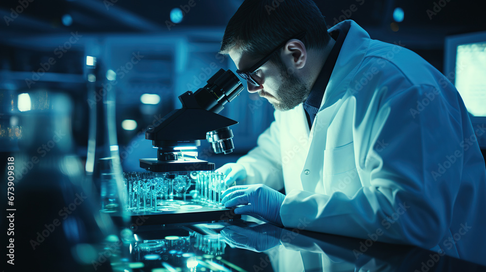Poster scientist analyzing substance sample with microscope in lab