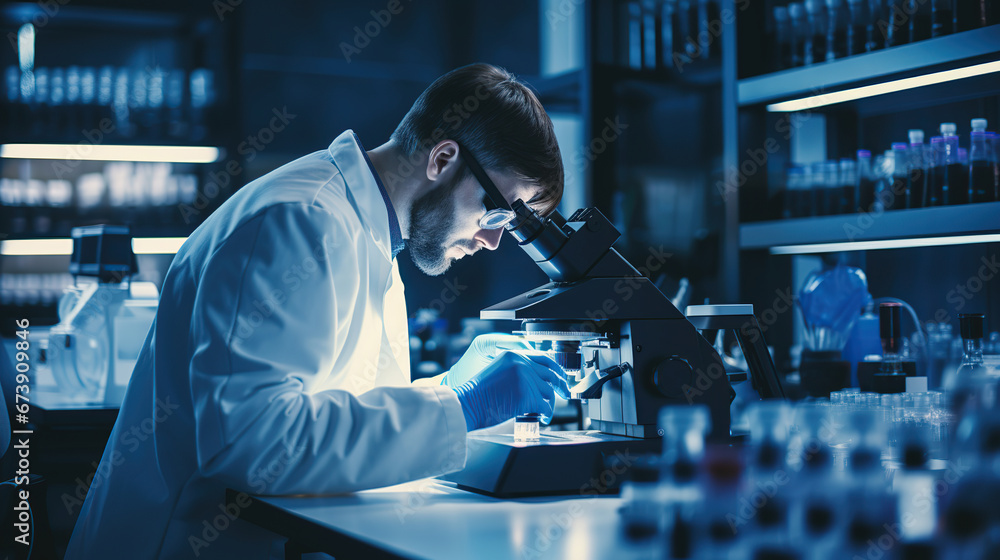 Aufkleber scientist analyzing substance sample with microscope in lab