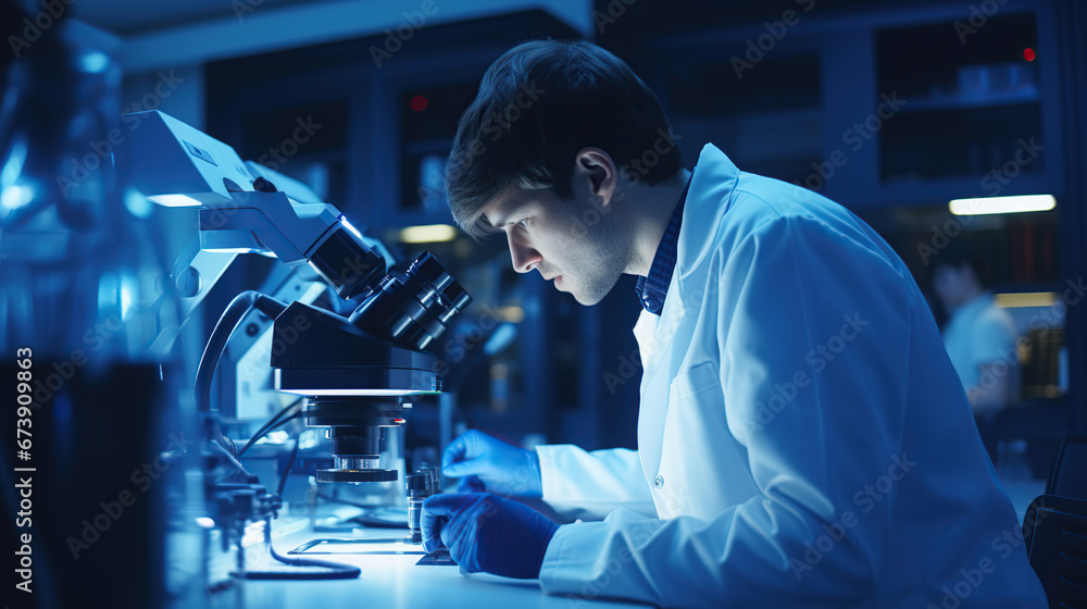 Aufkleber scientist analyzing substance sample with microscope in lab