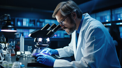 Scientist Analyzing Substance Sample with Microscope in Lab