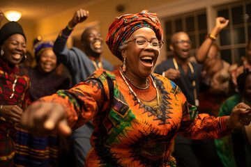A person captures the lively dance and song of a family celebrating Kwanzaa, honoring African heritage and values, in a continuation of tradition, - obrazy, fototapety, plakaty