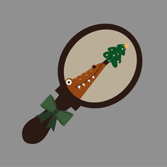 Flat Design Illustration with Hand Mirror and Crocodile, Christmas Tree,Ribbon