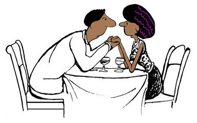 Black couple holding hands at restaurant.