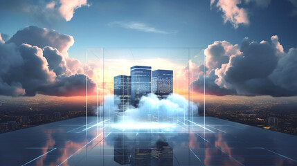 Surreal background with virtual office. High tech, cloud technology in shades of dark blue background.