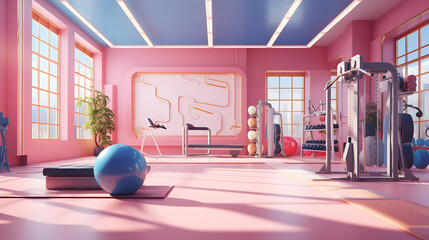pink gym room for 3d rendering, pastel, outdoor, studio light, fitness, health