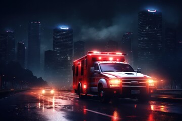 Call 911. Emergency ambulance car fast driving on night city downtown district with motion blur.