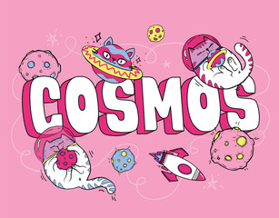 Cosmonaut cat print with text Cosmos. Fly cats cartoon character with planets poster.