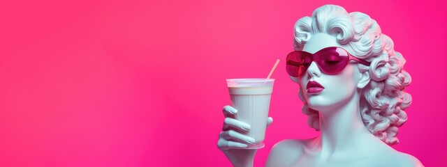 Arrogant portrait of a sculpture of Aphrodite wearing fashionable glasses with glass in hand on pastel pink background with copy space. - obrazy, fototapety, plakaty