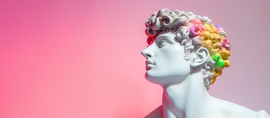 Banner featuring a sculpture of Apollo with rainbow hair on a pink background with copy space. - obrazy, fototapety, plakaty