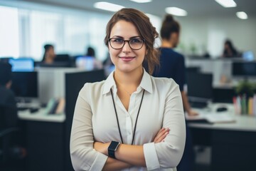 Fototapeta premium Portrait of a cheerful brown-haired woman with glasses on office background.