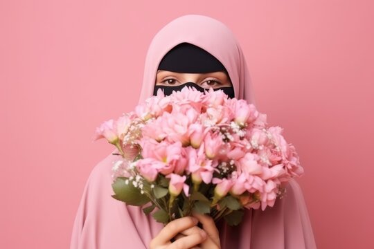 Portrait Of Brown-eyed Muslim Woman In Pink Hijab Covering Her Face With Bouquet Of Flowers On Pink Pastel Background.