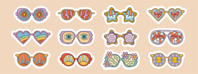 Groovy sunglasses set, vector retro hippy glasses sticker, doodle funky vintage disco accessories. Trippy boho eye, summer psychedelic eyeglasses, heart star shape eyewear kit. Fun groovy sunglasses