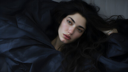 Naklejka premium A stunning young woman reclining on the ground, her long dark hair flowing, captured in a fashionable photoshoot.