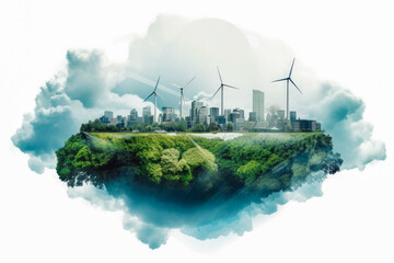 Eco friendly industry and climate concept double exposure. Globe with clean hydrogen energy. Clean...