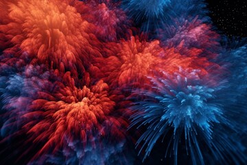A vibrant display of red and blue fireworks in a 3D render. Generative AI