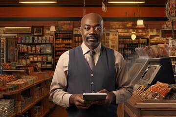 Serious middle aged African American man who owned a grocery store standing with a tablet PC. Online accounting and sales analysis. - obrazy, fototapety, plakaty