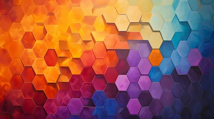 Foto op Canvas An oil painting depicting a vibrant geometric dance of hexagons in a spectrum of contrasting colors, each facet shimmering with a glossy finish © Manuel