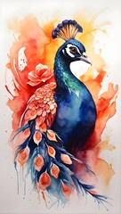 Artistic painting, fiery peacock, watercolor, logo, 4k quality,