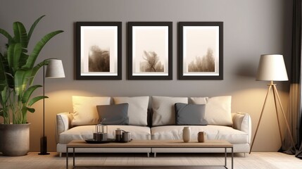 Fototapeta na wymiar mockup living room blank frames on the wall.Generative AI