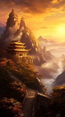A Chinese style landscape painting of the golden mountain tower in clouds. Fantasy Palaces and temples.