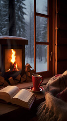 Acogedora tarde de invierno: vista desde una cabaña de madera con chimenea encendida, taza de café caliente, libro abierto y manta suave, con un paisaje nevado a través de la ventana en la tranquilida - obrazy, fototapety, plakaty