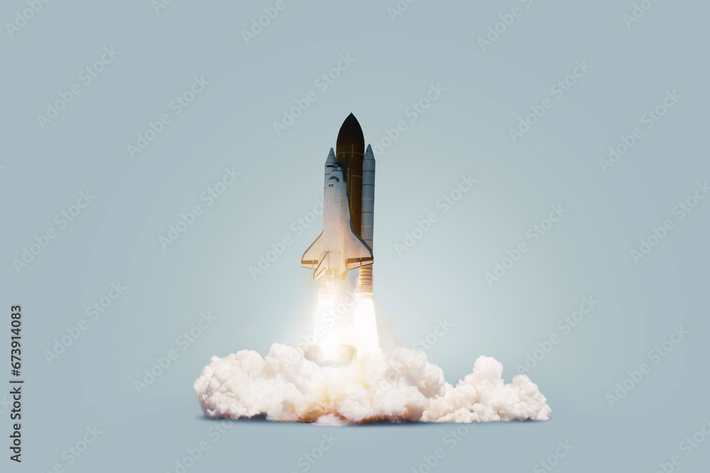 Wall mural creative shuttle rocket takes off successfully with blast and clouds of smoke on a blue background, 