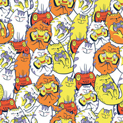 Gamer cats seamless pattern. Cartoon cat character with gamepad