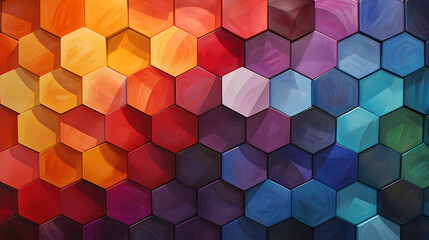 An oil painting depicting a vibrant geometric dance of hexagons in a spectrum of contrasting colors, each facet shimmering with a glossy finish
