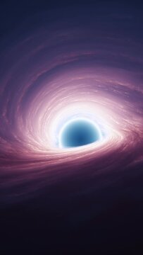 Interstellar black hole with glowing accretion disk and singularity nucleus. Concept 3D animation of cosmic wormhole on starry space background. Theory of relativity and quantum physics wallpaper.