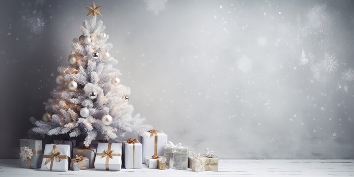 Christmas background with white table, christmas gifts and tree. Generative AI