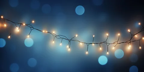 Deurstickers Christmas garland bokeh lights over blue background. Minimalist holiday illumination. Generative AI © Nopparat