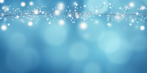 Christmas garland bokeh lights over blue background. Minimalist holiday illumination. Generative AI