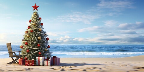 Christmas tree and gifts on the sandy beach. Generative AI