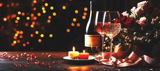 a candlelit wine and a wine glass with a flower bouquet, in the style of light red and dark pink, spatial, bokeh panorama, atmospheric installations, filippino lippi, dark romantic