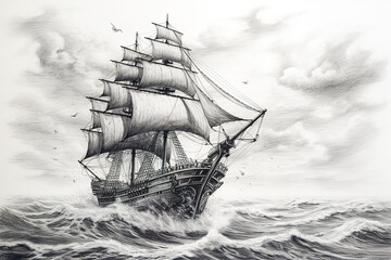 Pirate ship at sea. Black and white pencil drawing - 673914862