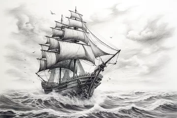 Fotobehang Pirate ship at sea. Black and white pencil drawing © Svetlana