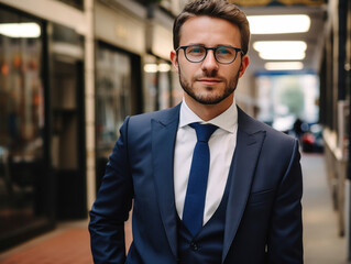 homme d'affaires en costume bleu et cravate avec des lunettes de vues dans les locaux de son entreprise