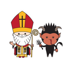 Cute cartoon illustration of Saint Nicholas and Krampus