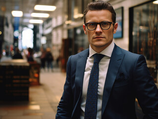 homme d'affaires en costume bleu et cravate avec des lunettes de vues dans les locaux de son entreprise - obrazy, fototapety, plakaty