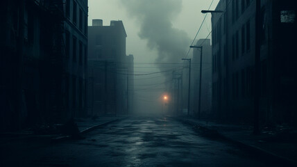 dark night street in fog, halloween background - obrazy, fototapety, plakaty