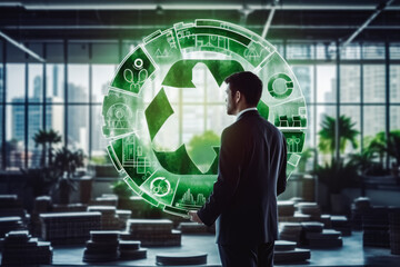Businessman and the circular economy icon on the dashboard. Clean environment and ecology for green earth concept. Recycling and cleaning the planet.