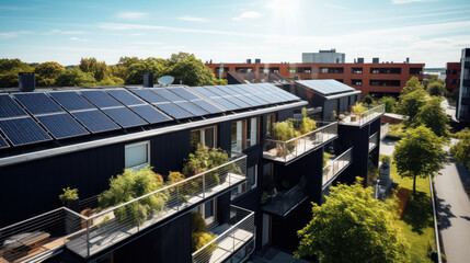 vue aérienne de toit terrasse avec installation photovoltaïque composée de rangée de panneaux solaires - obrazy, fototapety, plakaty