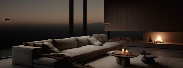 Night living room with fireplace, earth tones, minimal architecture, cozy sofa. - obrazy, fototapety, plakaty