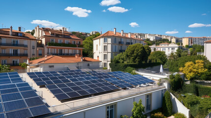 vue aérienne de toit terrasse avec installation photovoltaïque composée de rangée de panneaux solaires - obrazy, fototapety, plakaty